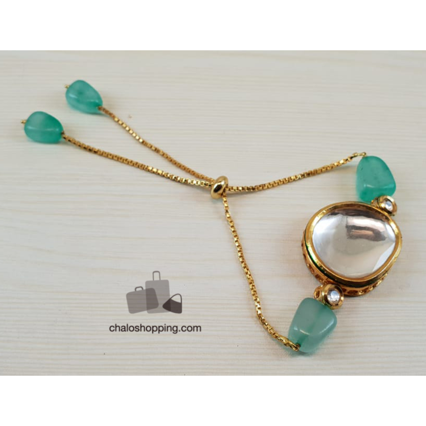 Onyx Stone Kundan Chain Bracelet - Sea Green