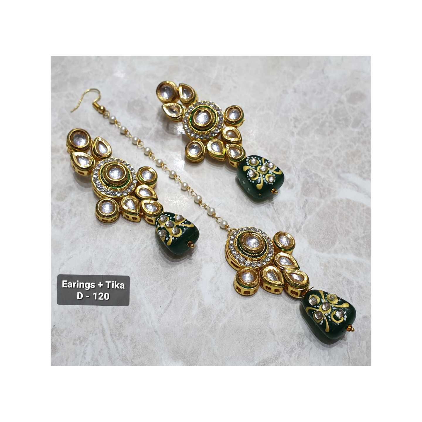 High Quality Kundan Tika With Earring & Green Stone