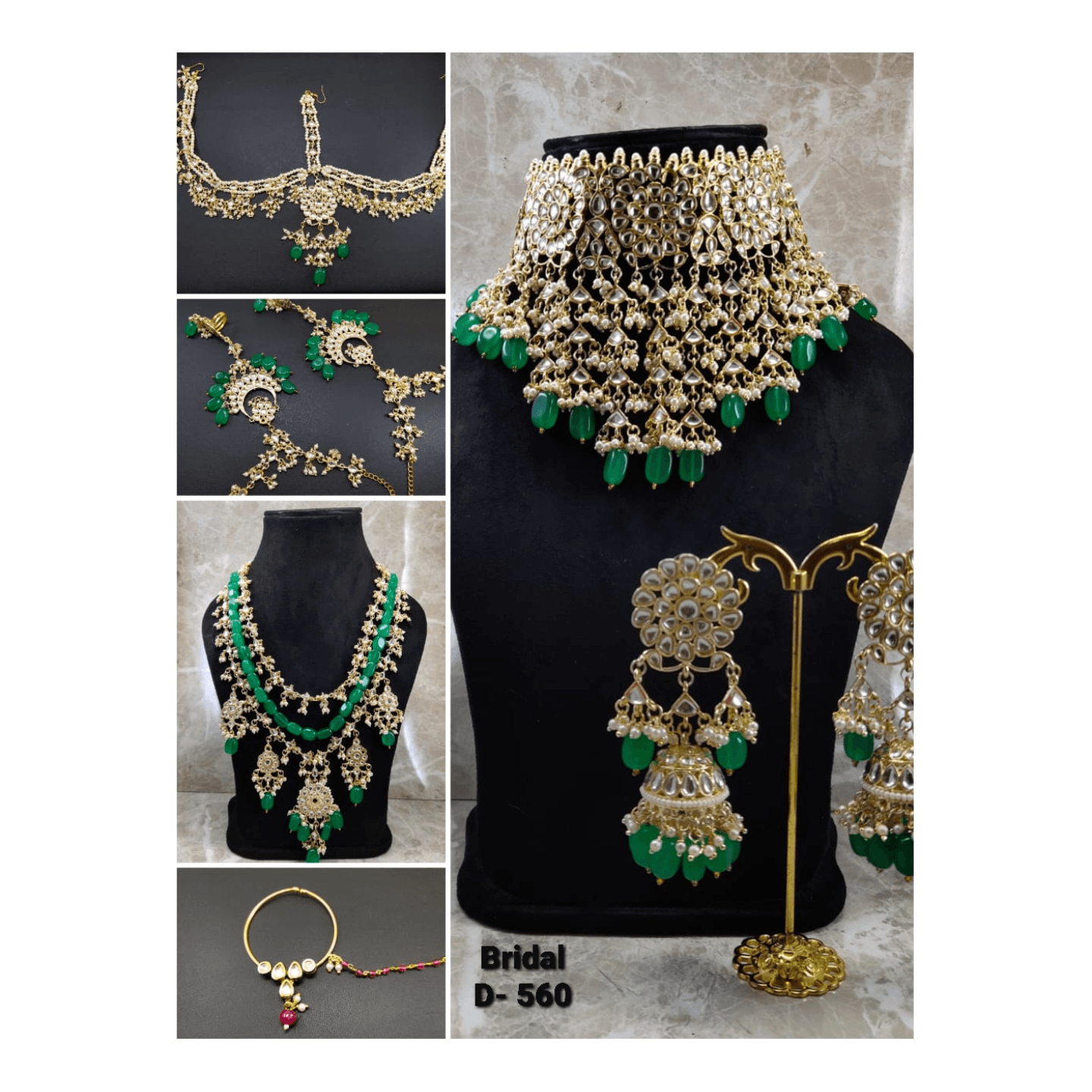 High Quality Kundan Polki Full Bridal Set with Green Onyx Stones