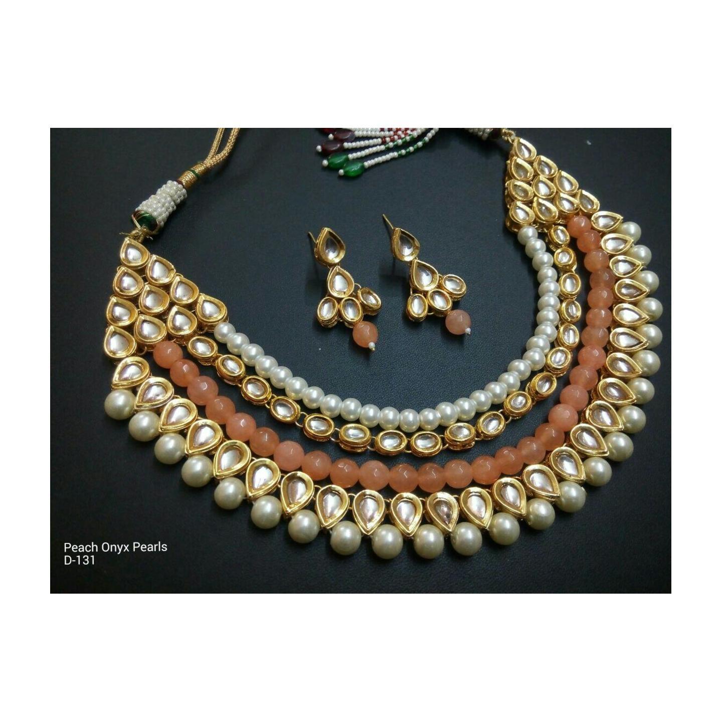 High Quality Kundan Necklace Set With Earring Peach Onyx Pearl