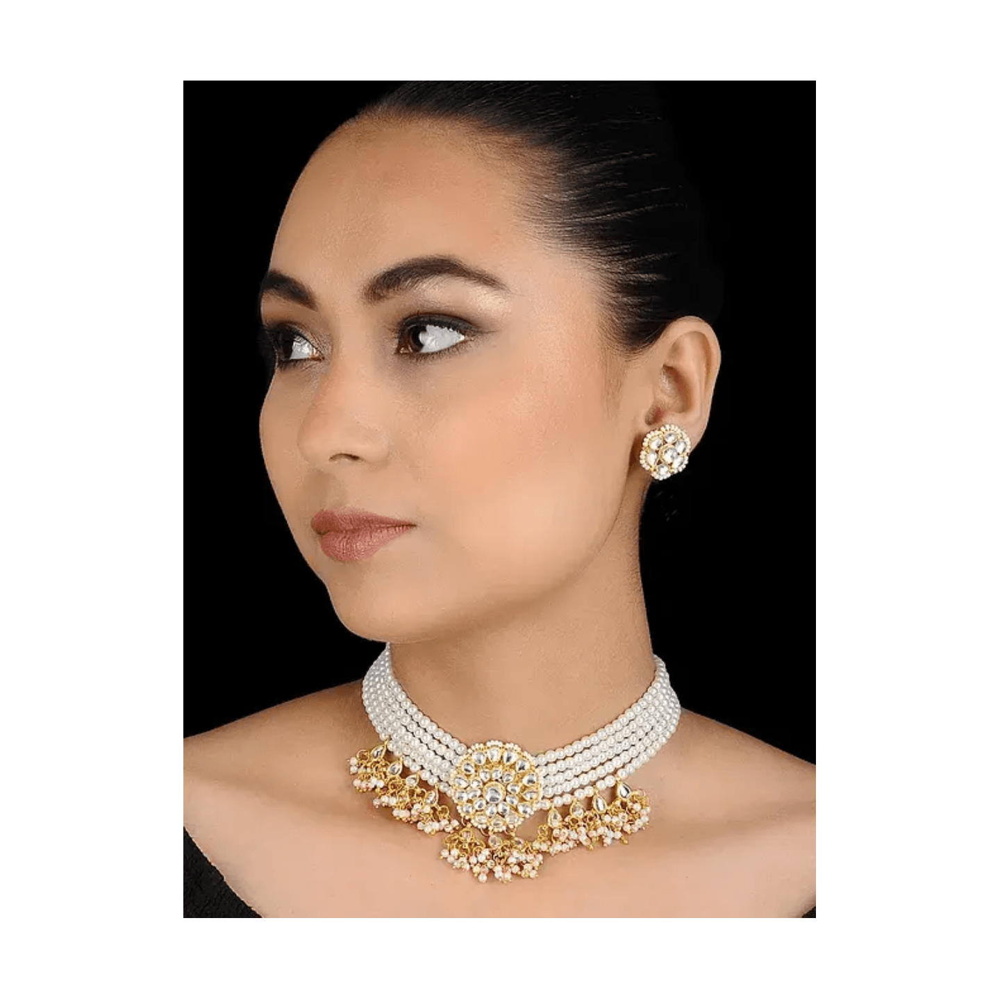 White Gold Tone Pearl Kundan Inspired Choker Necklace With Earring