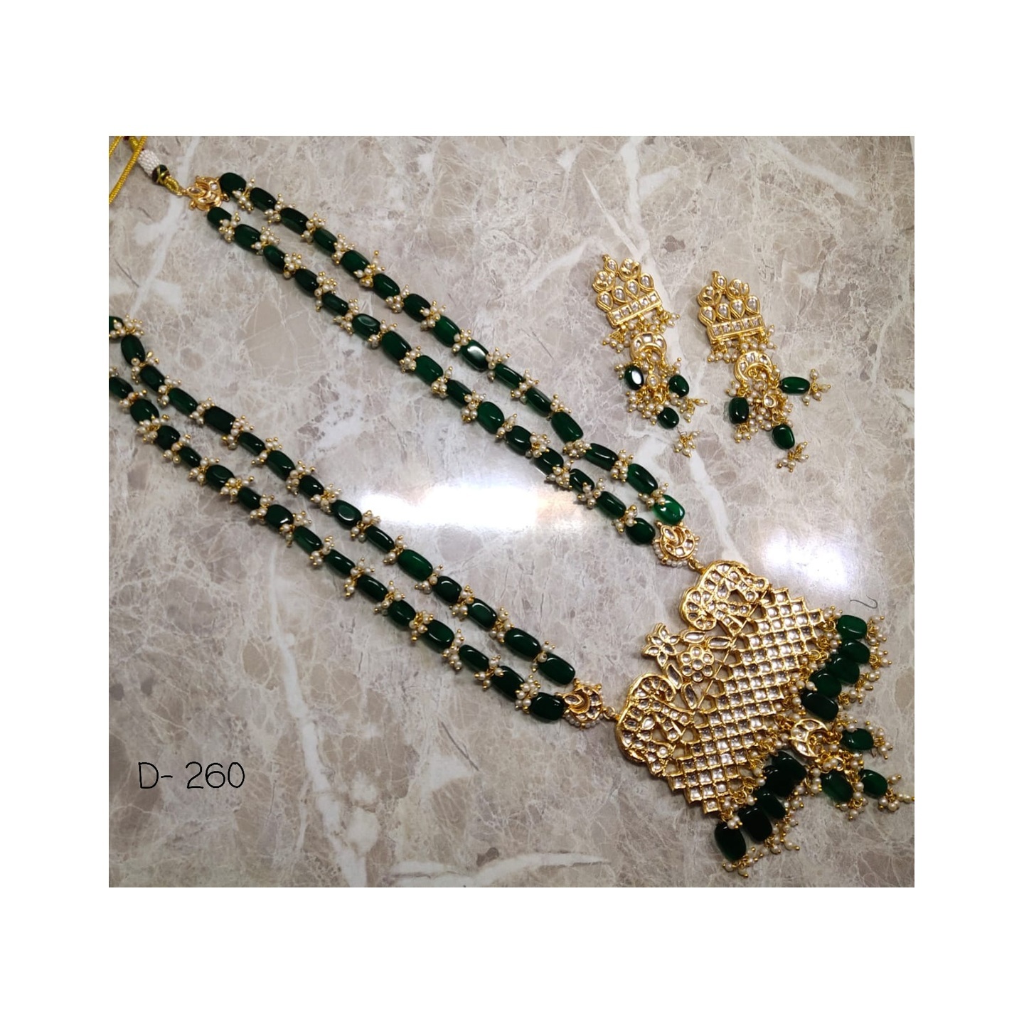 Kundan Long Necklace Set with Earring Green Stone