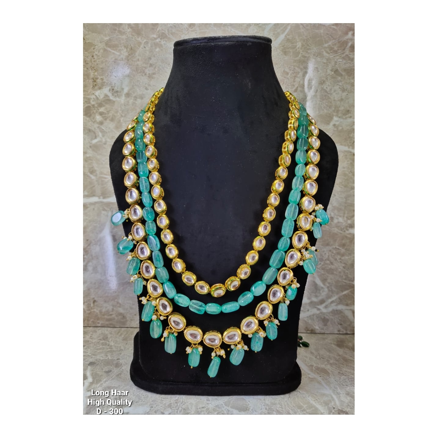 Kundan Necklace Long Set in Green Onyx Stone with Earrings