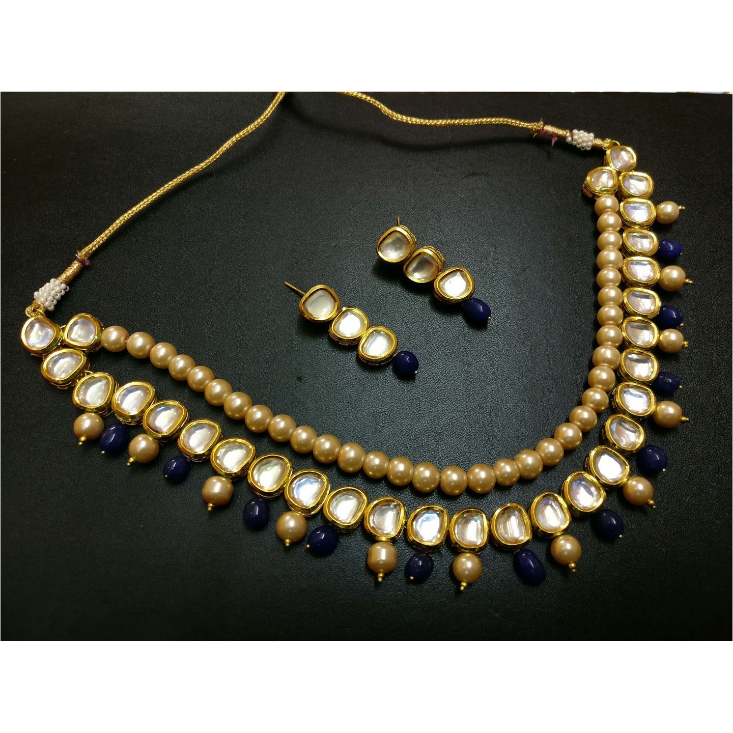 Gold Tone Kundan Necklace Set With Earring  Blue onyx