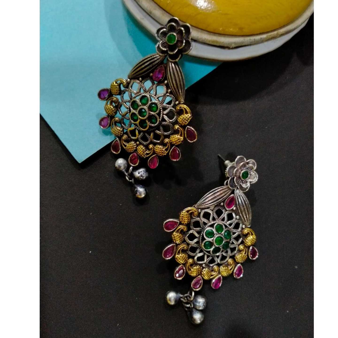 Yellow Maroon Green Tone Tribal Silver Earring