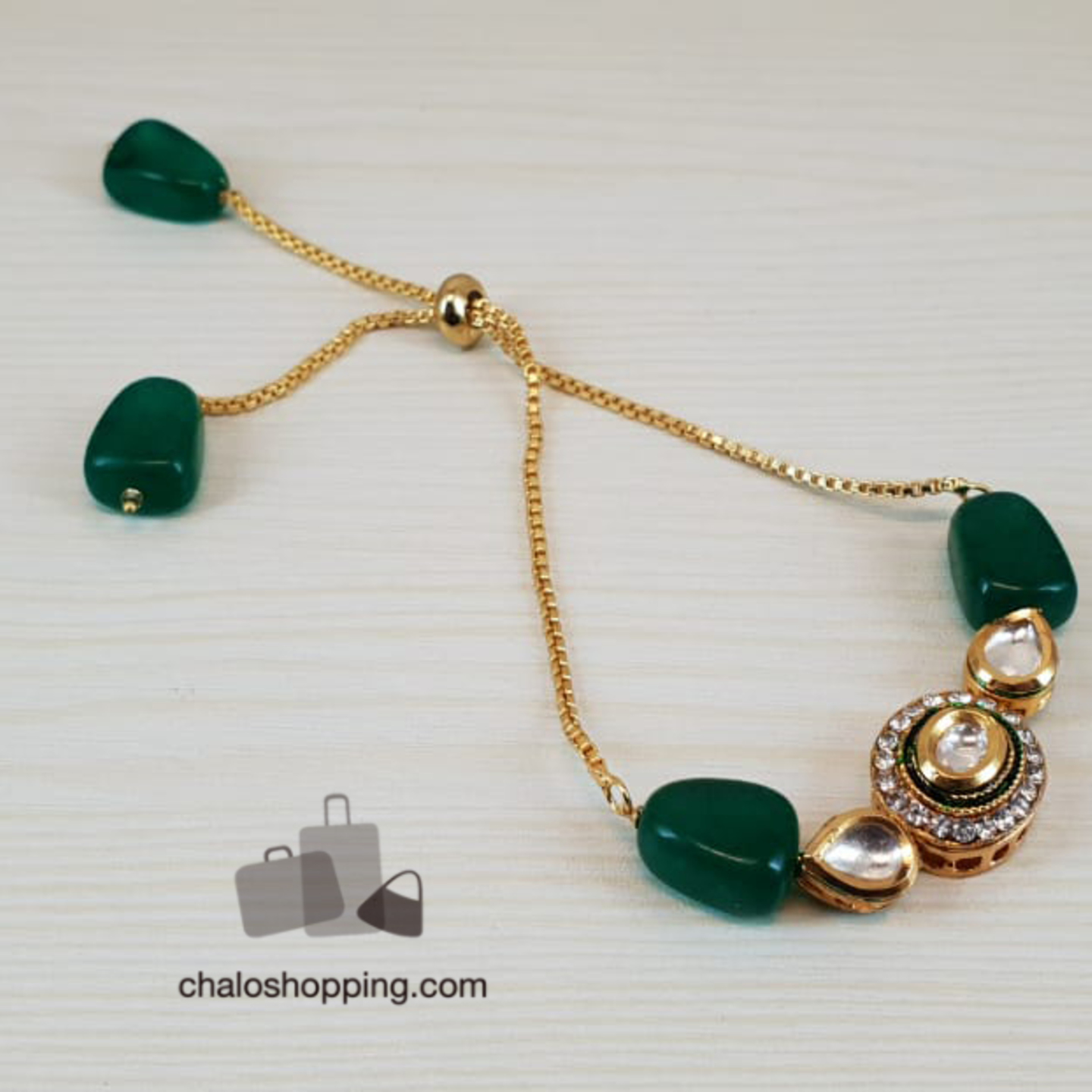 Onyx Stone Kundan Chain Bracelet - Green Agate