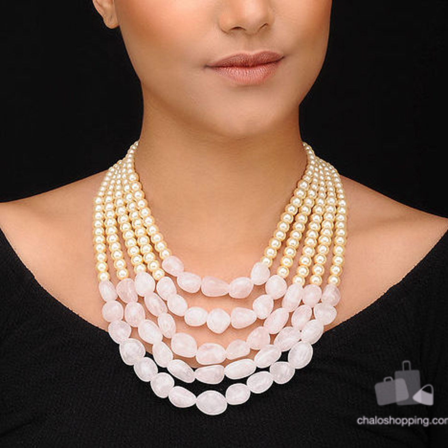 Penta Layer Rose Quartz Stone & Pearl Necklace