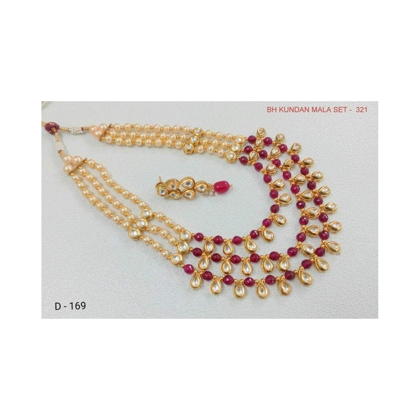 Multi Layer Kundan Necklace Set With Earring Ruby Red Onyx Pearl