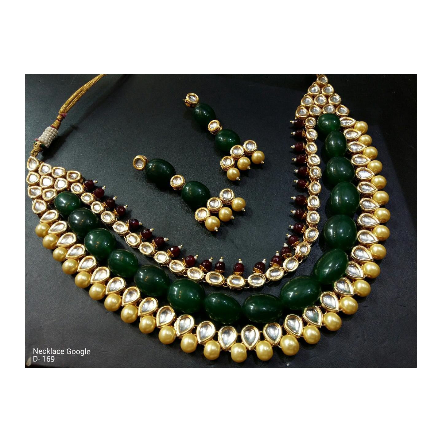 Kundan Necklace Set With Earring Green Onyx Pearl