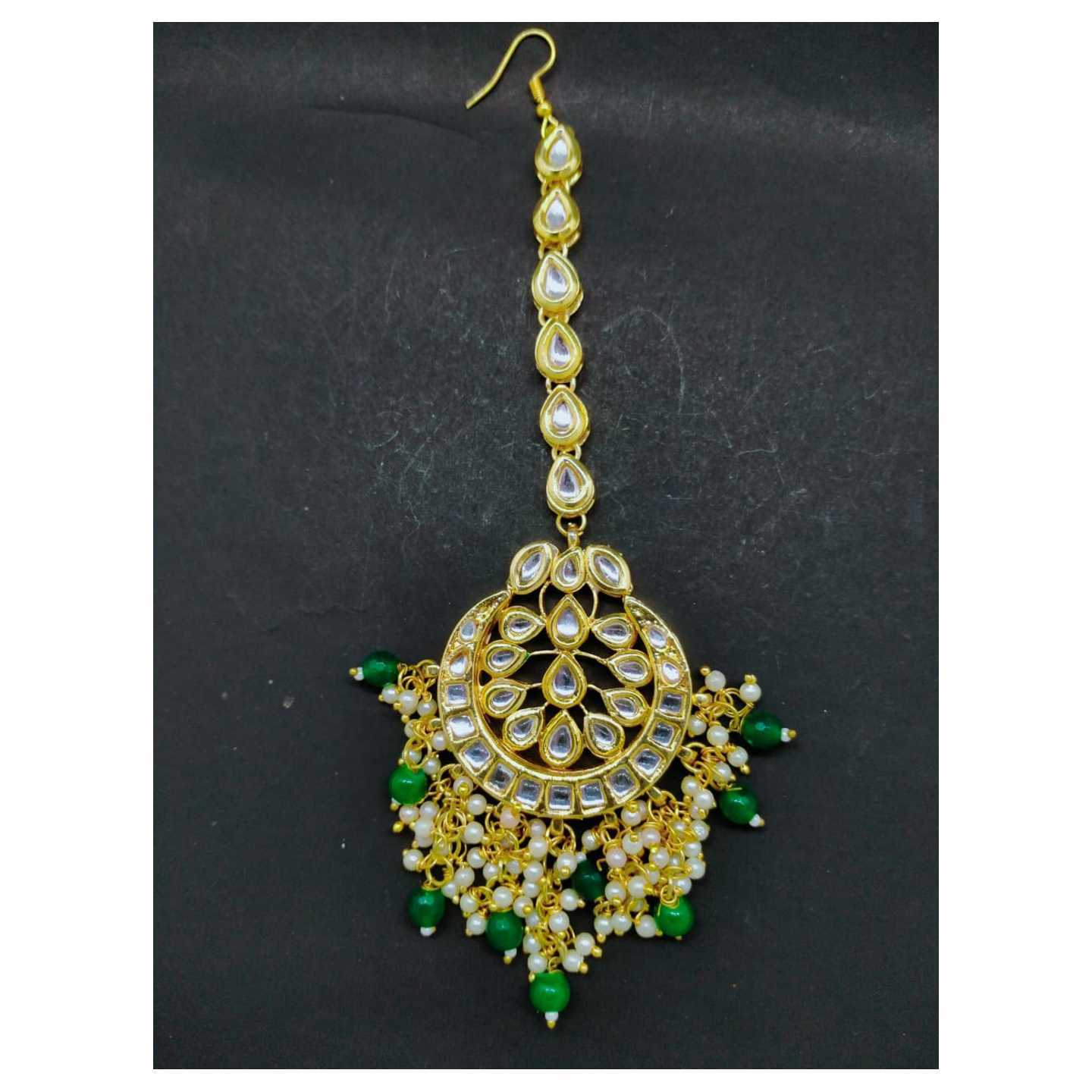 Gold Tone Kundan Tikka Green Onyx Pearls