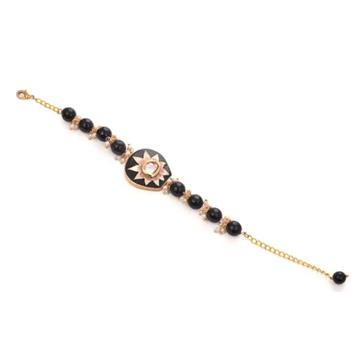 Black White Gold Tone Kundan Enameled Bracelet With Onyx