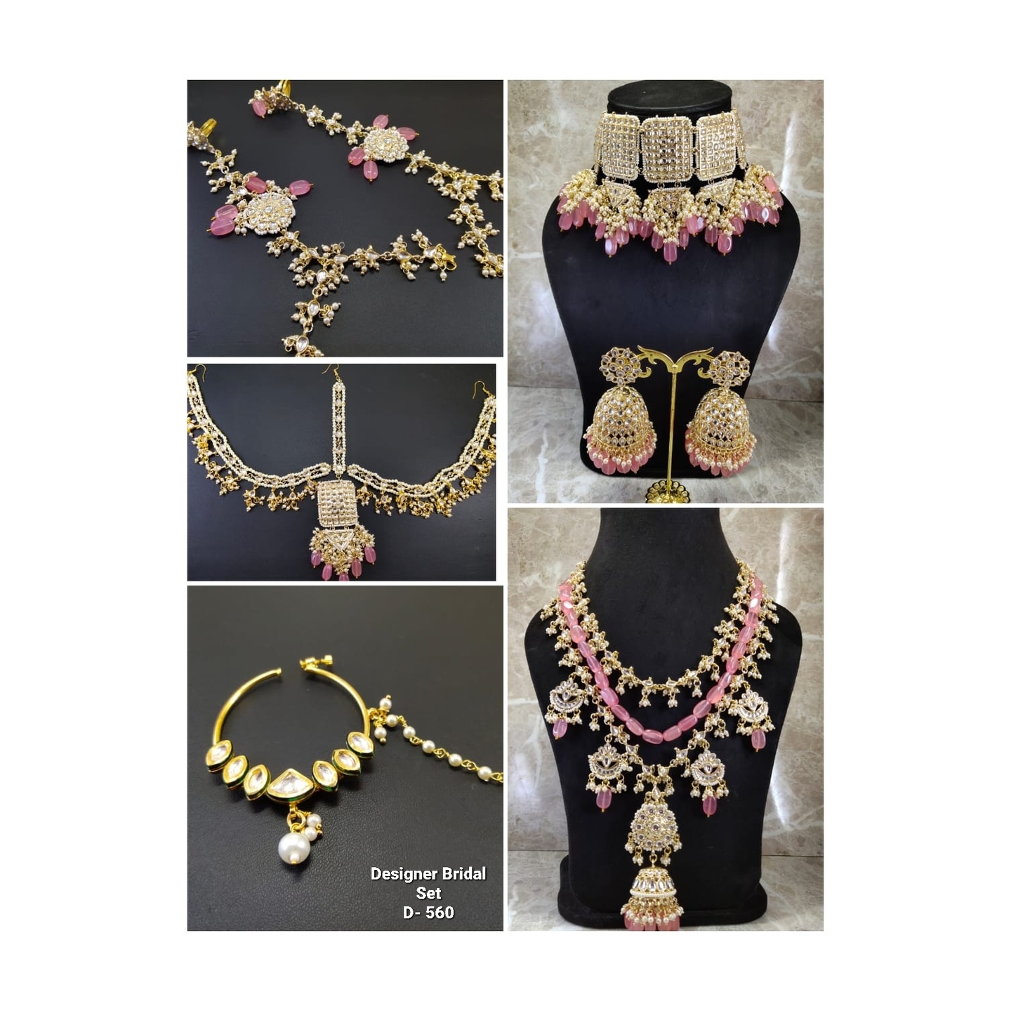 High Quality Kundan Polki Full Bridal Set with Light Pink Onyx Stones