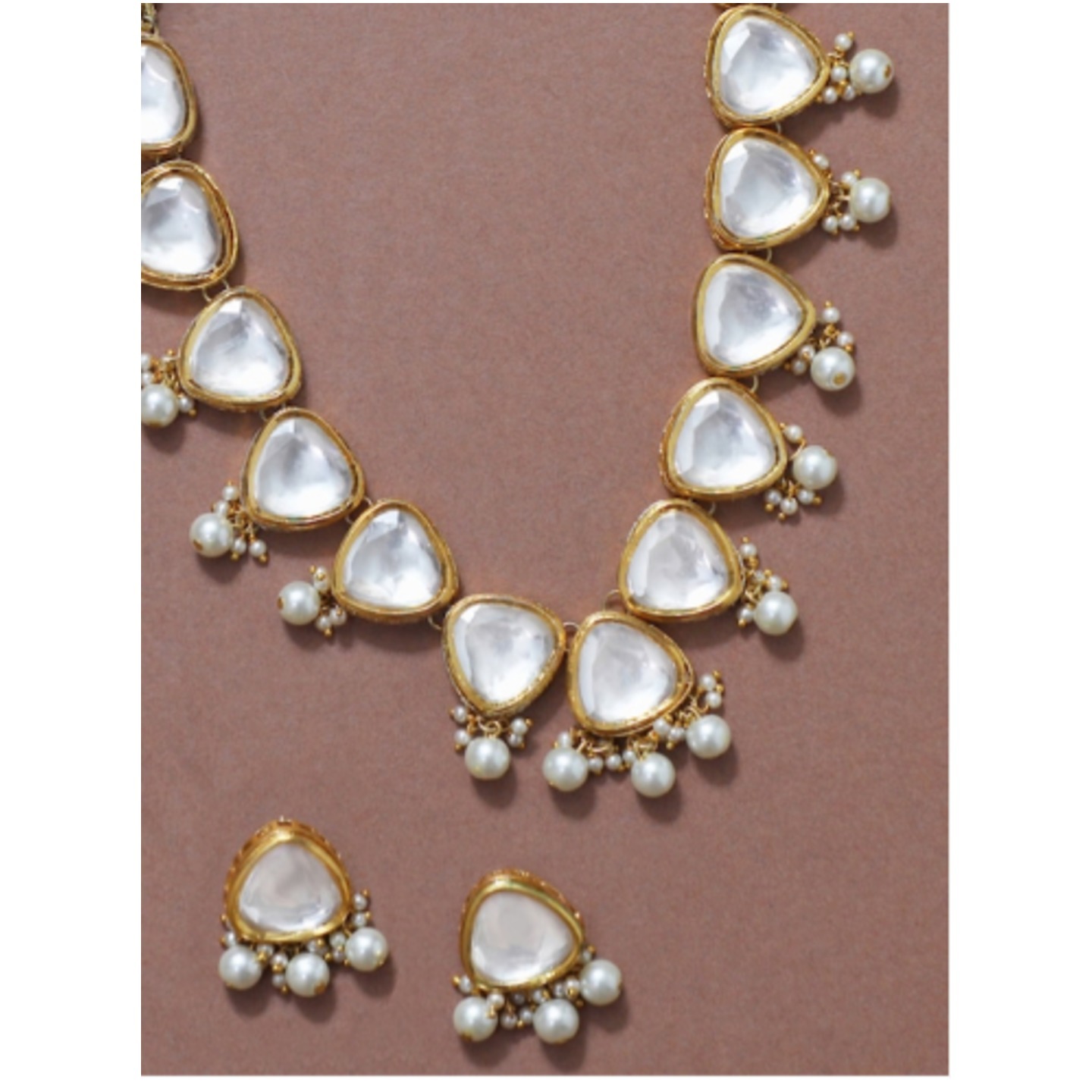 Gold-Plated & White Beaded Polki Kundan Handcrafted Necklace Set With Earring