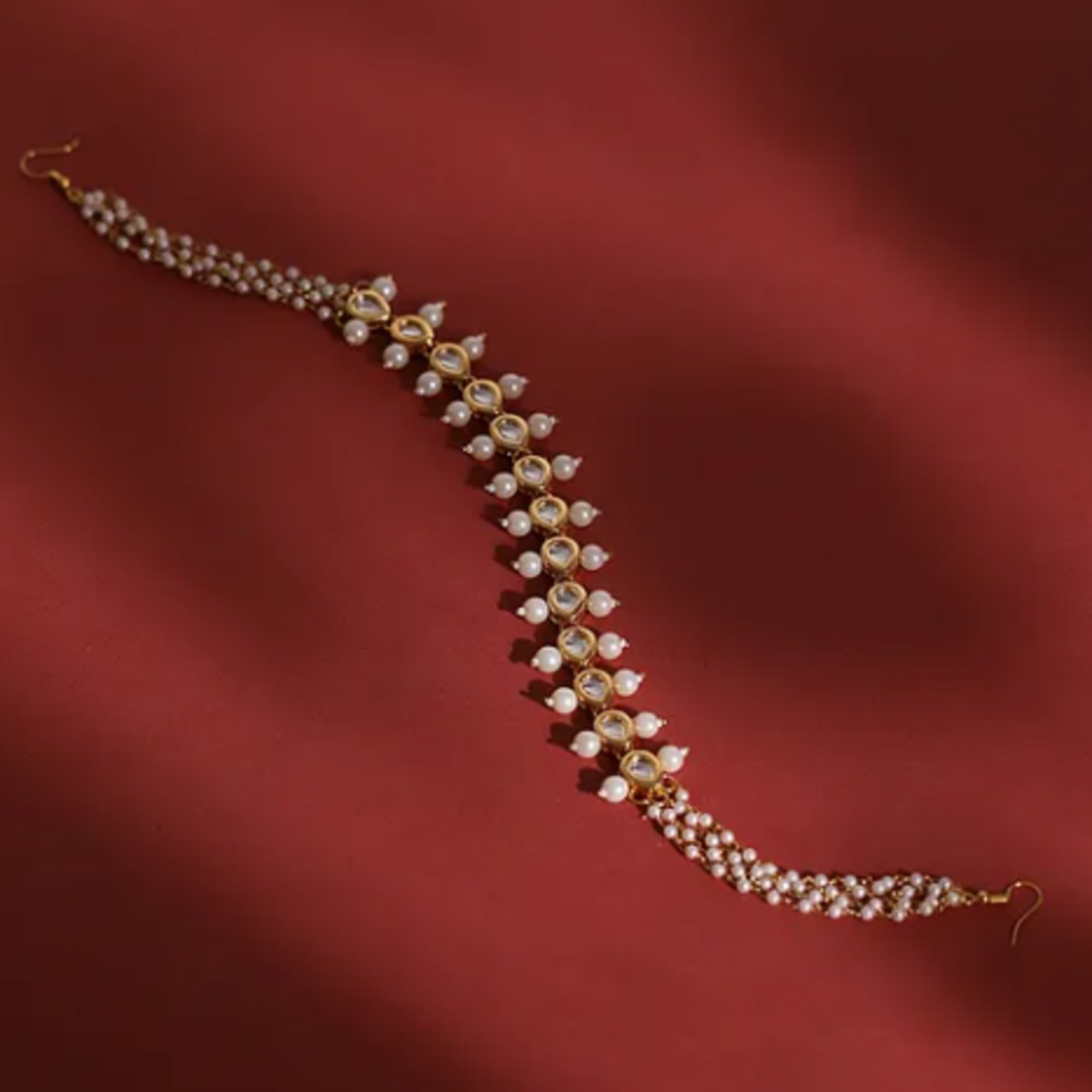 Gold Plated Kundan Headband With Pearls