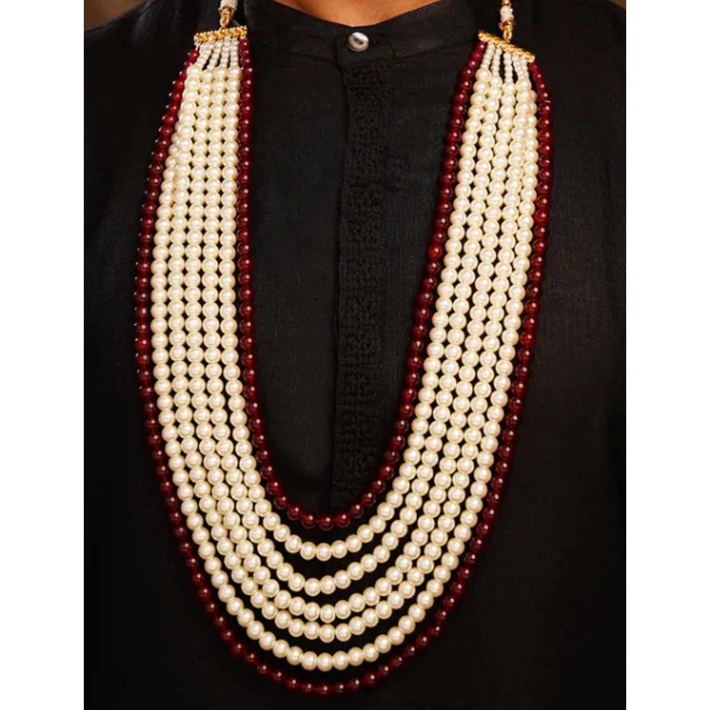 Maroon White Beaded Layered Necklace For Men