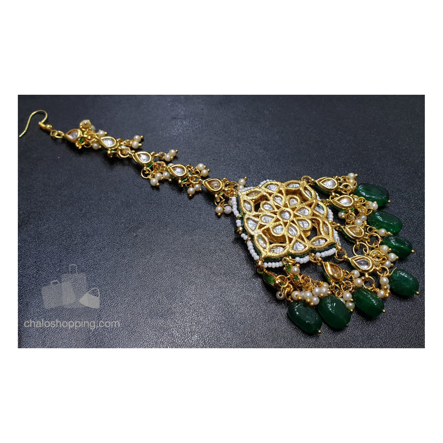 Green Onyx Kundan Meenakari Tika 1