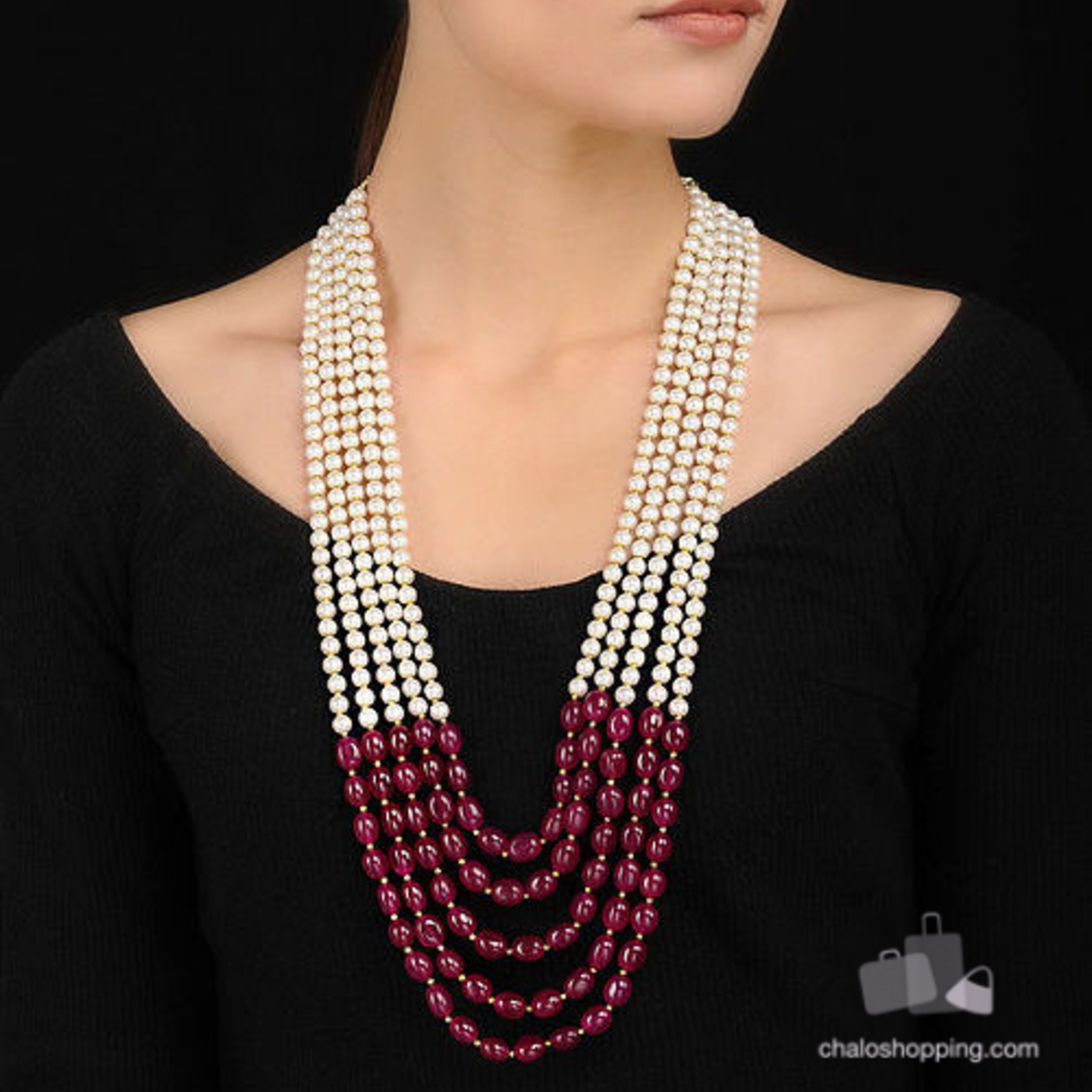 Multilayer Red Onyx Faux Pearl Necklace