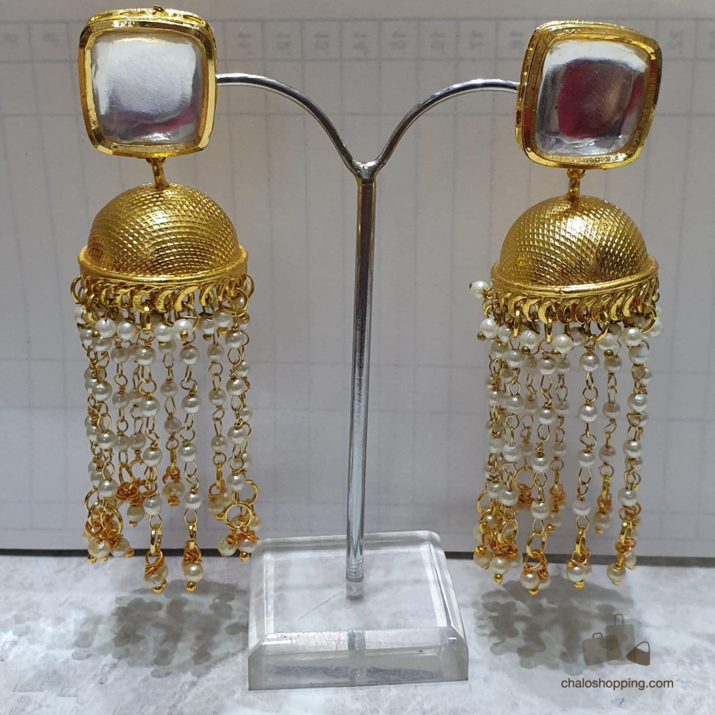 Big Square Stud Kundan Tassel Jhumki
