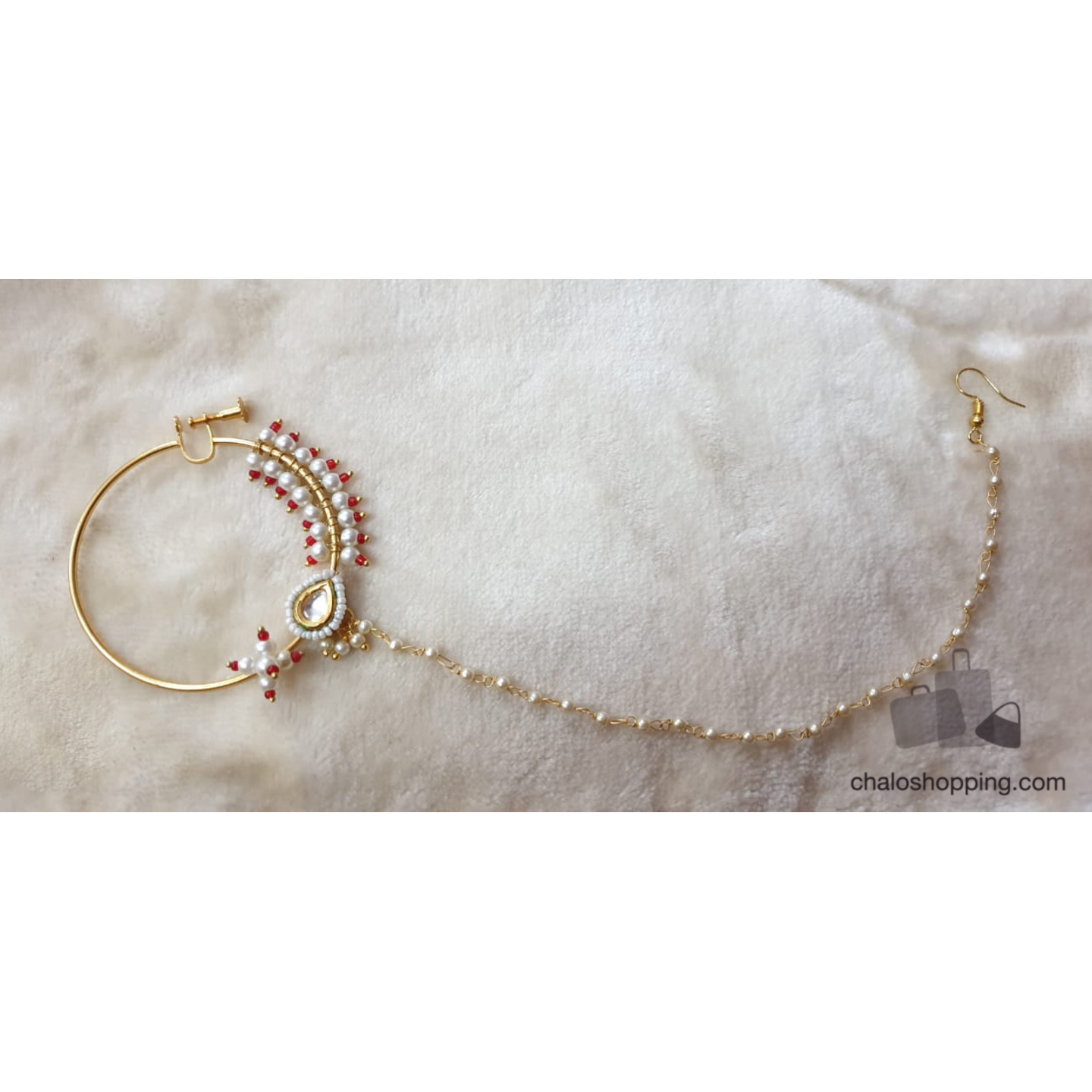 Red Seed Bead Kundan Nose Ring Model 2