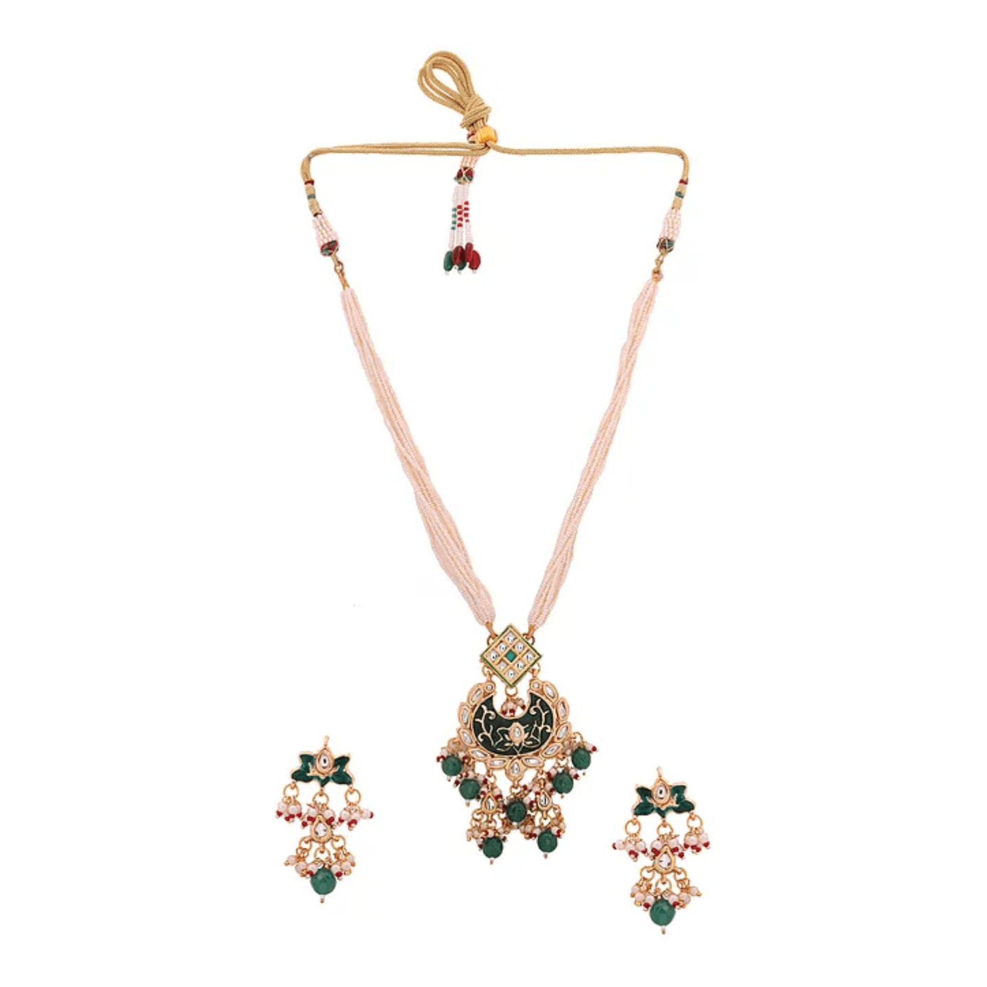 White Green Gold Enameled Kundan Necklace With Earring