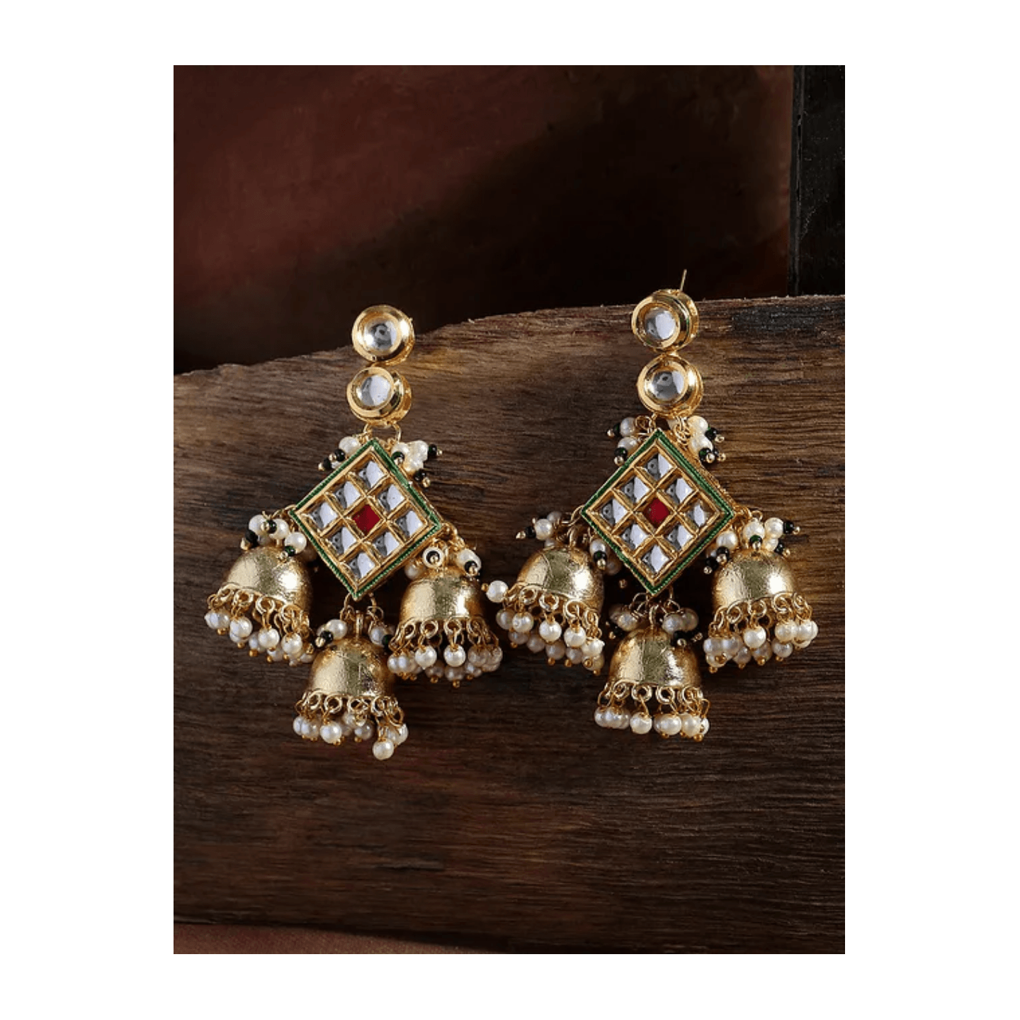 Red Gold Tone Kundan Jhumki Earring