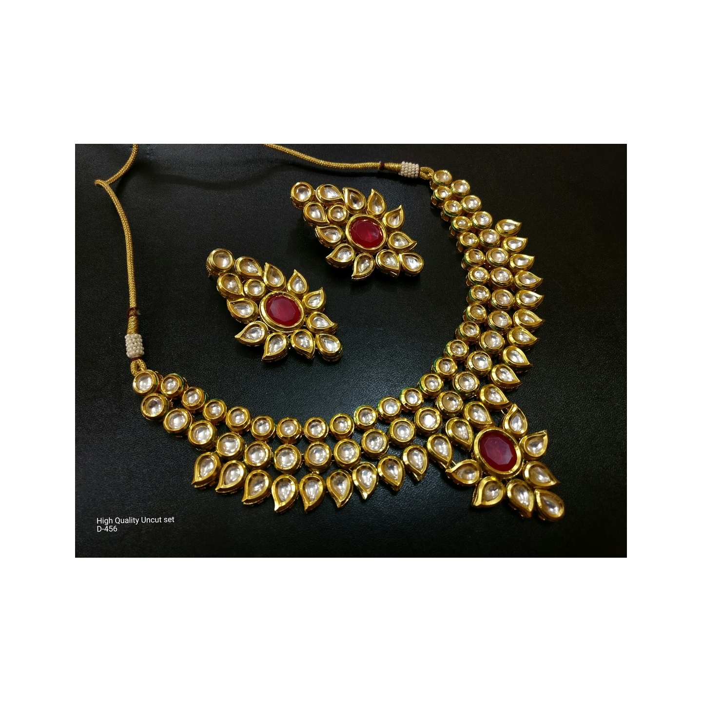 Gold Tone Kundan Necklace Set With Earring Ruby Red Stone