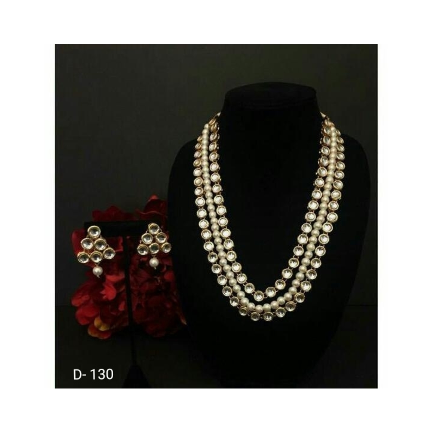 Multi Layer Kundan Necklace Set With Earring White Onyx Pearl