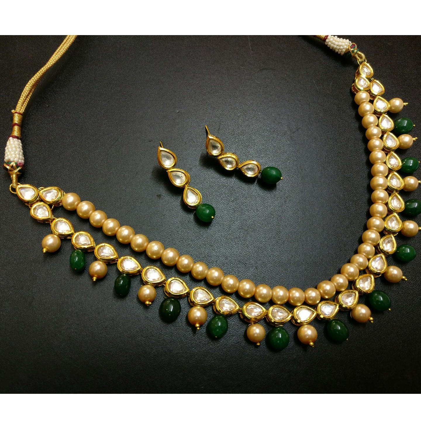 Gold Tone Kundan Necklace Set With Earring Green Onyx