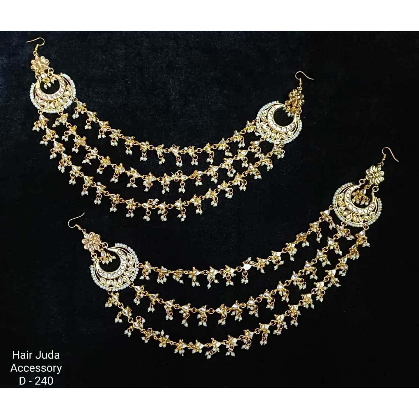 Gold Tone Kundan Hair Accessory Onyx Pearls 01