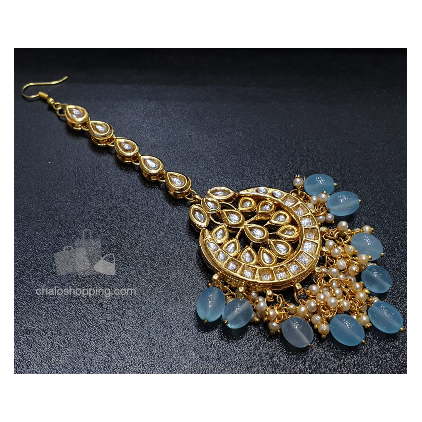 Sky Blue Onyx Kundan Meenakari Tika