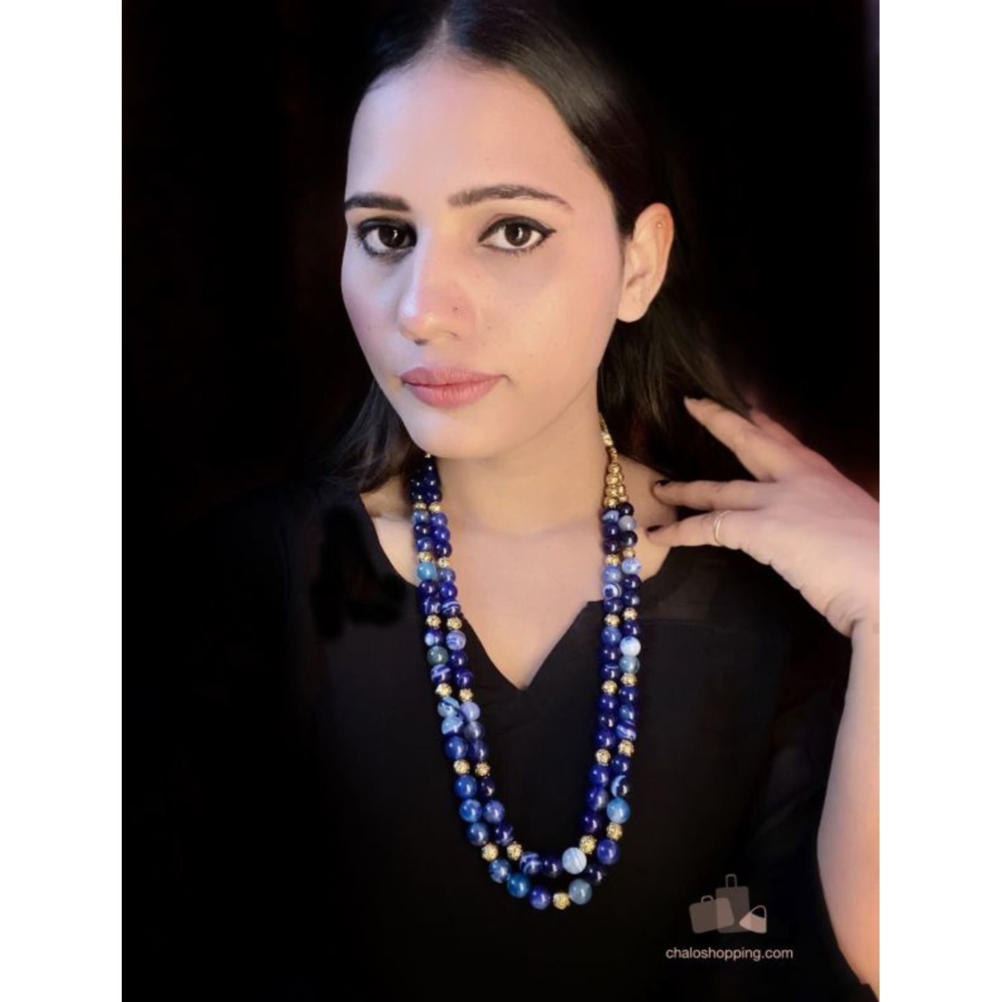 Blue Agate Antique Gold Double Layer Necklace