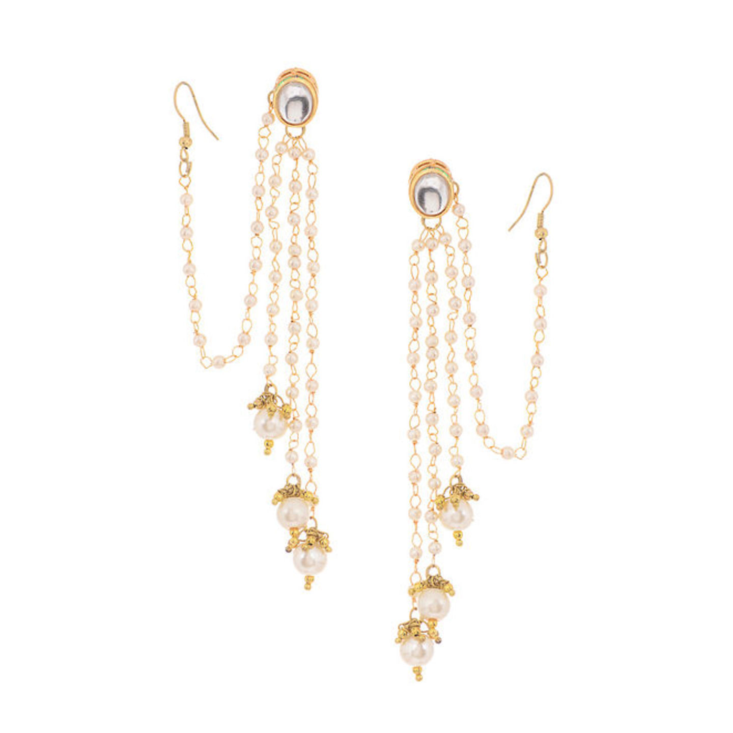 Gold Tone Kundan Inspired Pearl Tassel Earrings with Hair Chain