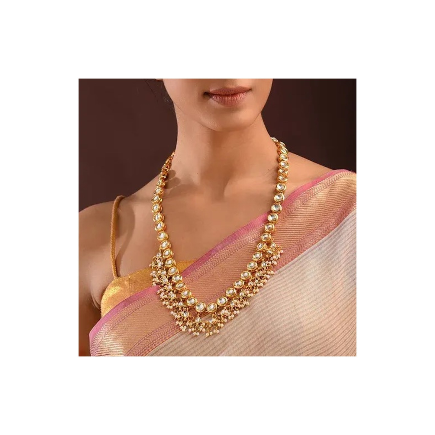 Gold Tone Kundan Necklace With Pearls