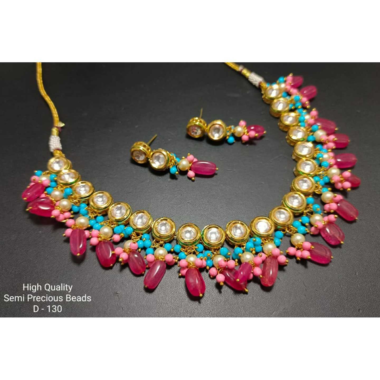 Sky Blue Pink Beads Gold Tone Kundan Necklace Set with Earring Ruby Maroon Stone