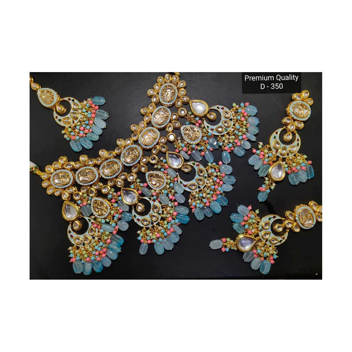 High Quality Kundan Choker Necklace Set with Earring Tikka Sky Blue Onyx Stone