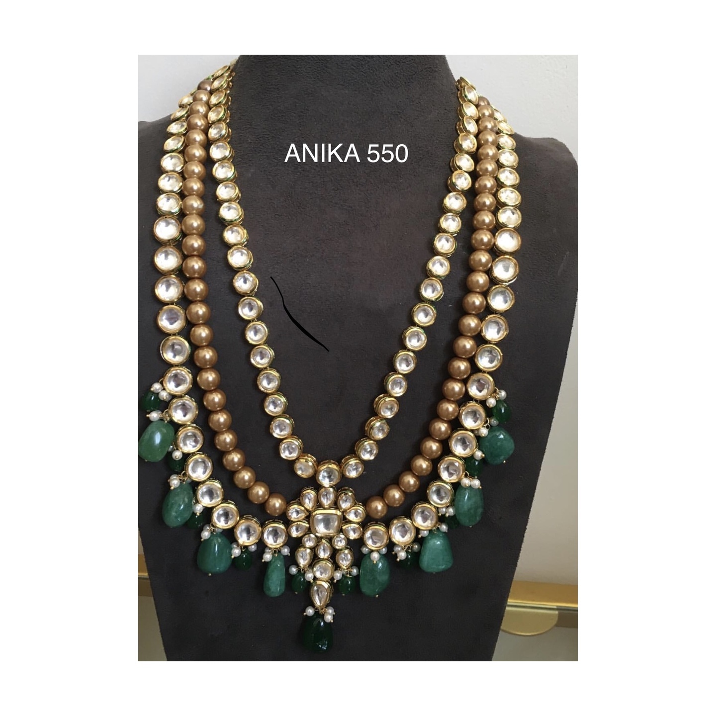 Multilayer Kundan Long Necklace Set Green Onyx Stone