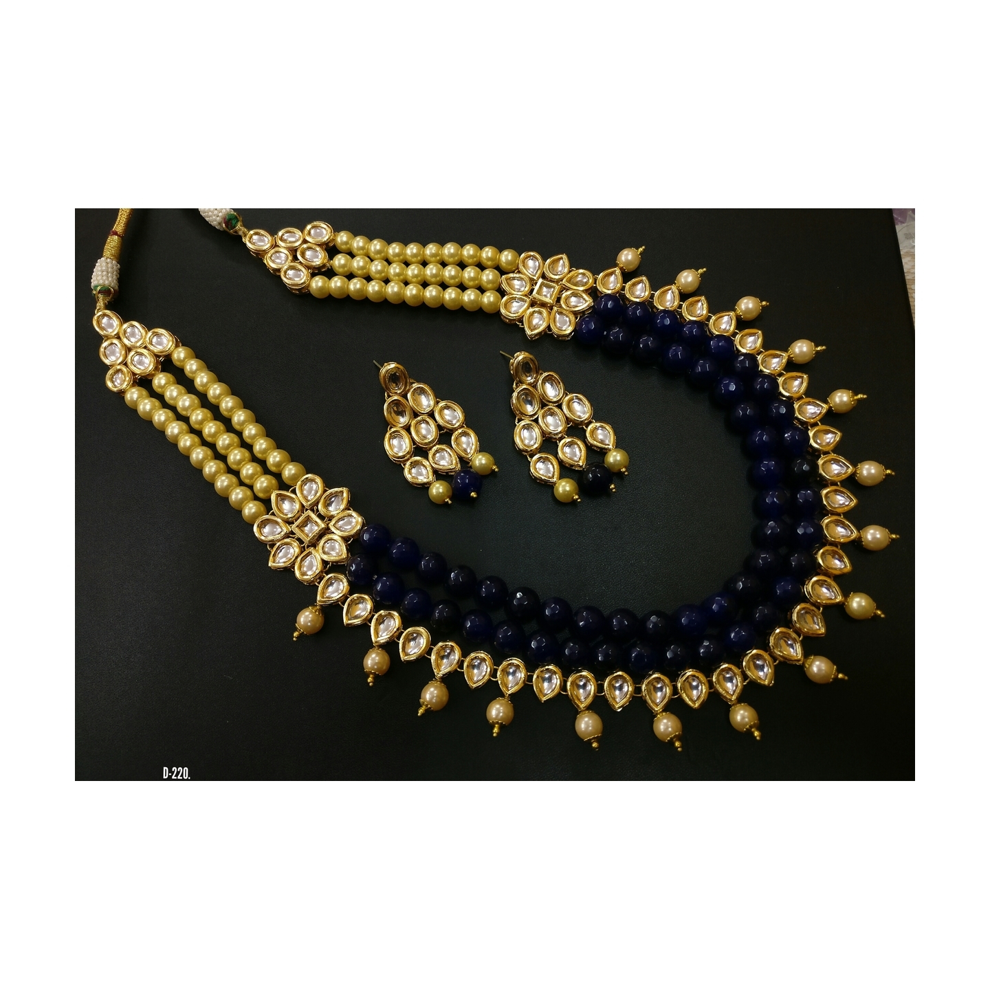 Kundan Long Necklace Set With Earring Blue Onyx Pearl