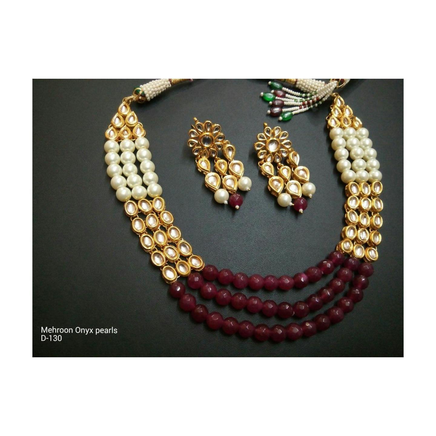 High Quality Designer Kundan Inspired Maroon Agate Necklace Set