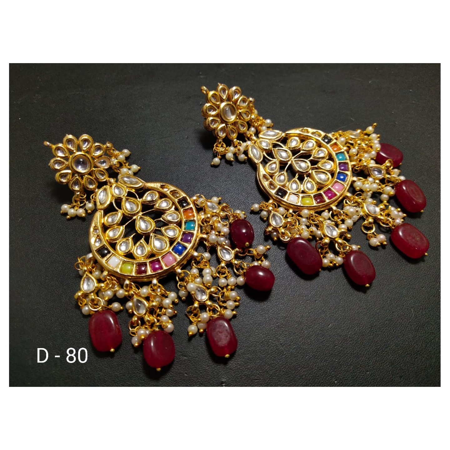 Ruby Maroon Gold Tone Kundan Earring Pearls