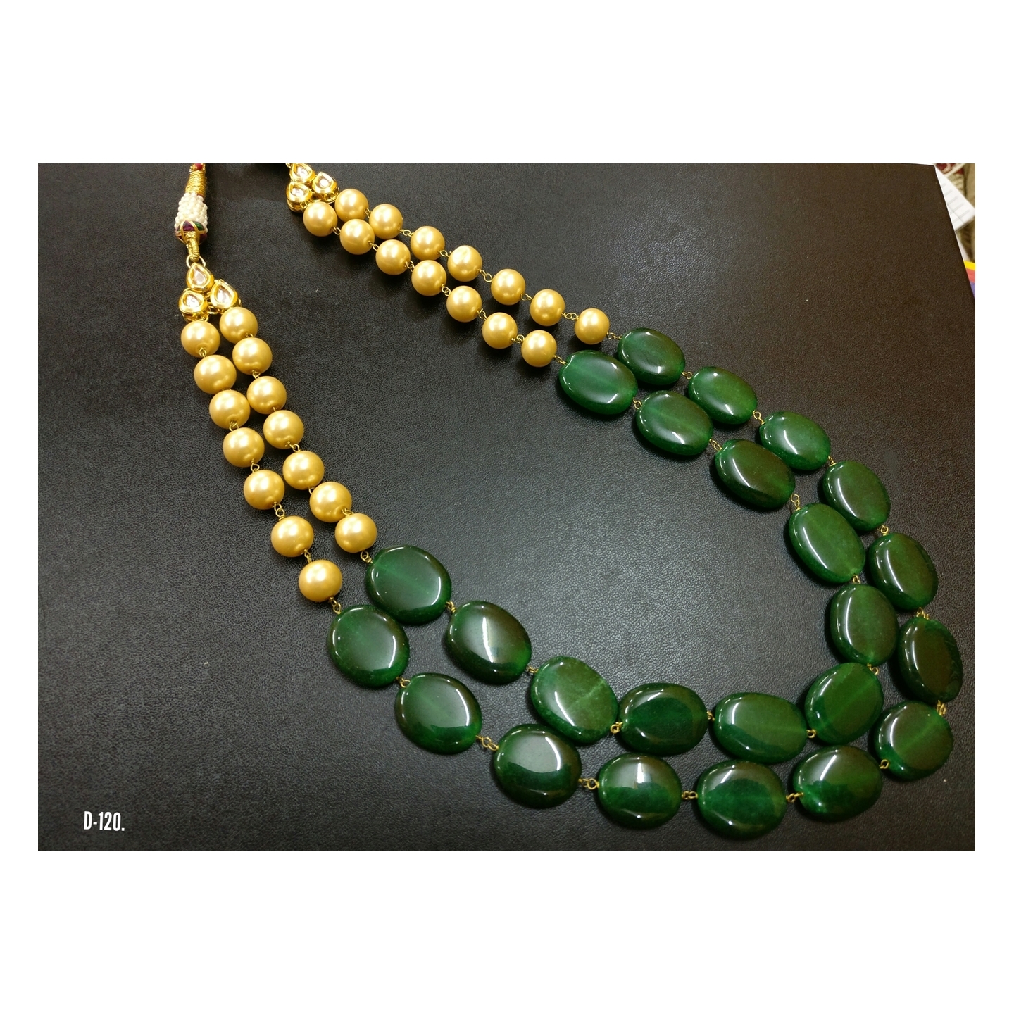Kundan Double Layer Necklace Green Onyx Pearl
