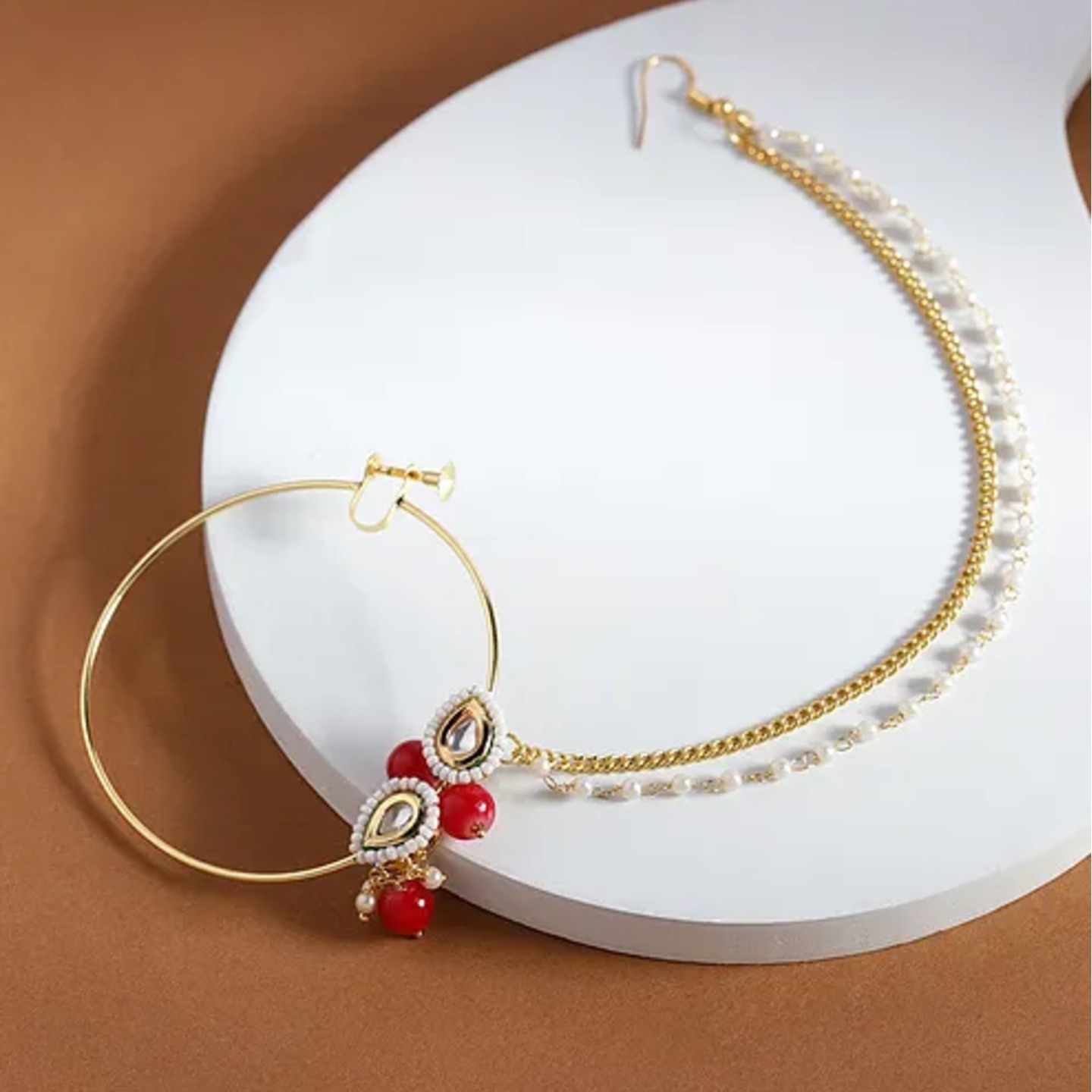 Red Gold Tone Plated Kundan Nose Ring