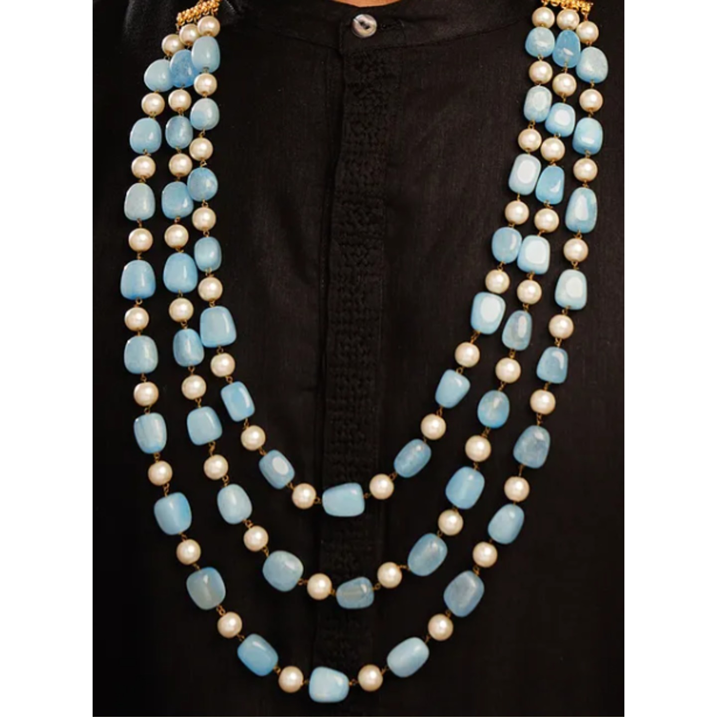 Blue White Beaded Layered Necklace For Men