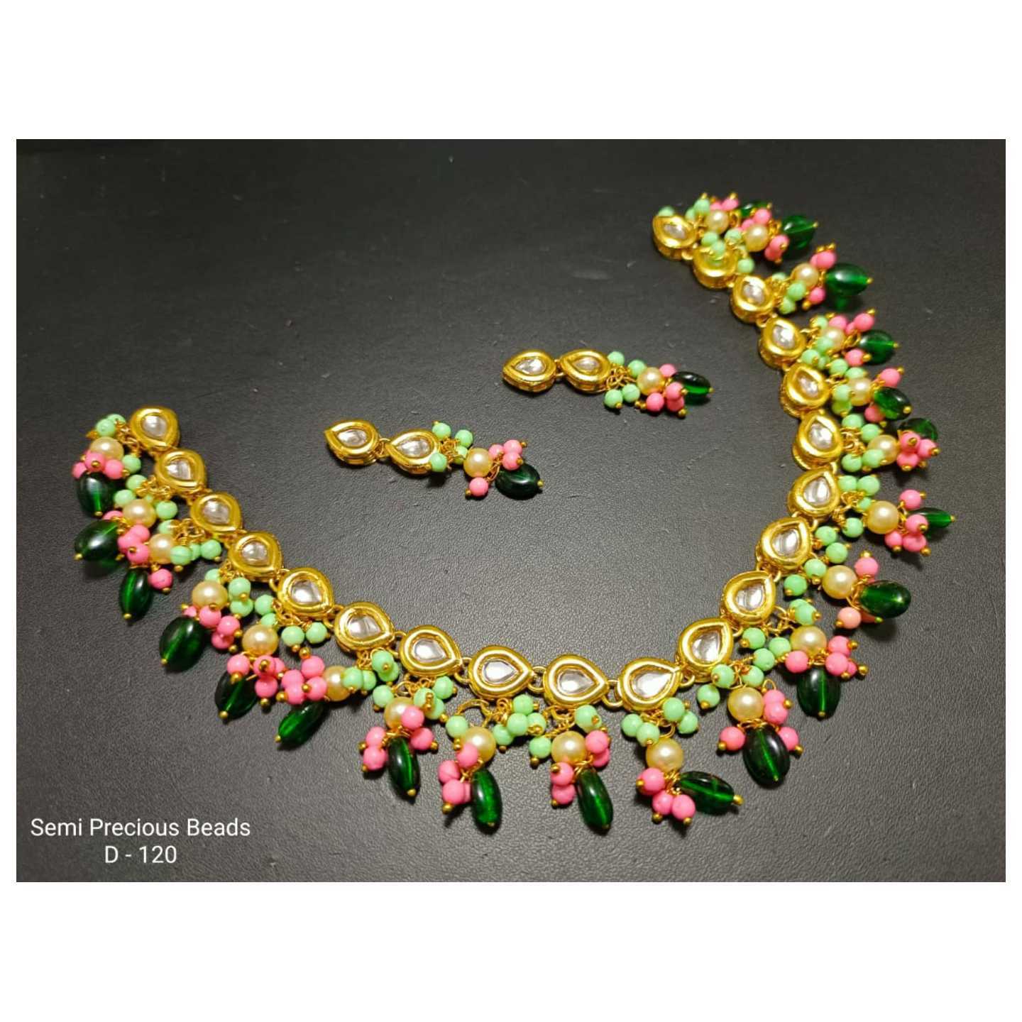 Gold Tone Kundan Necklace Set With Earring Green Pink Onyx Pearls