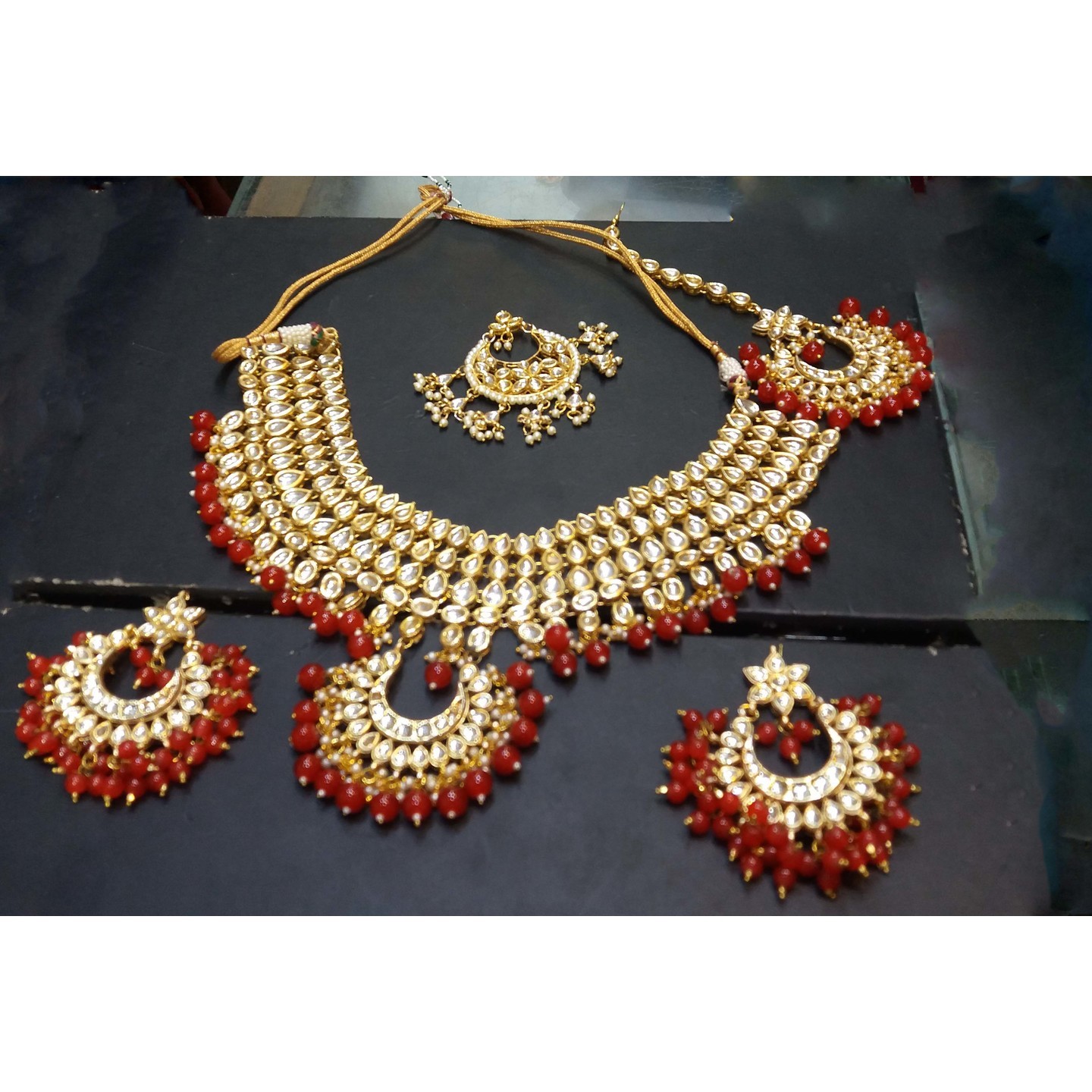 Gold Tone Kundan Necklace Set With Earring Tikka Ruby Red Onyx Pearls