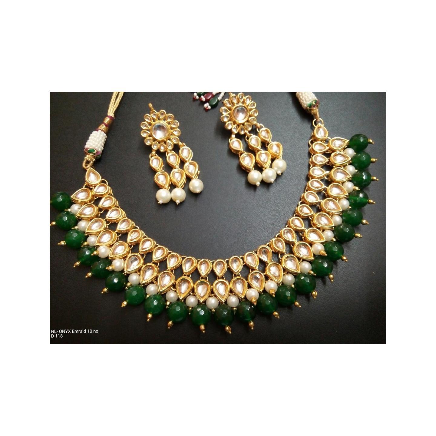 Kundan Choker Necklace Set With Earring Green Onyx Pearl