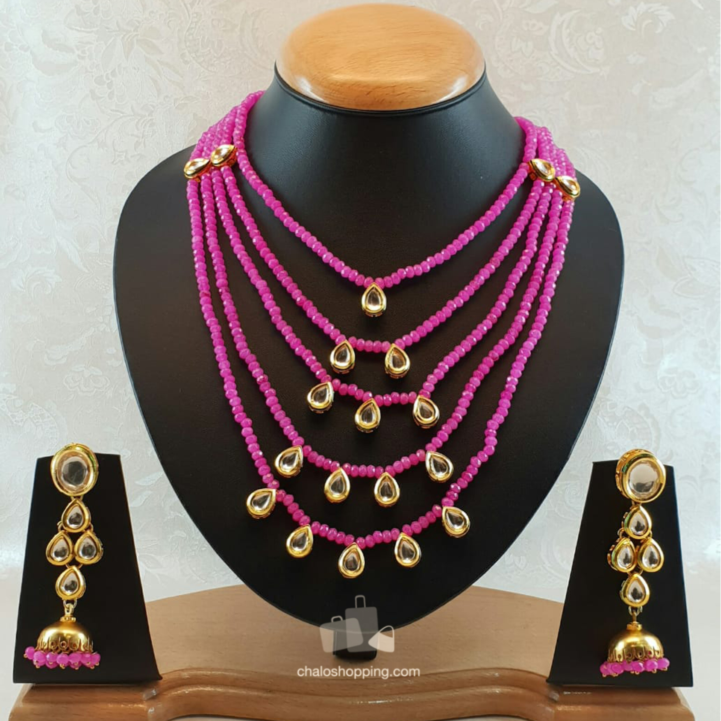 High Quality Kundan Inspired Pink Onyx Necklace Set