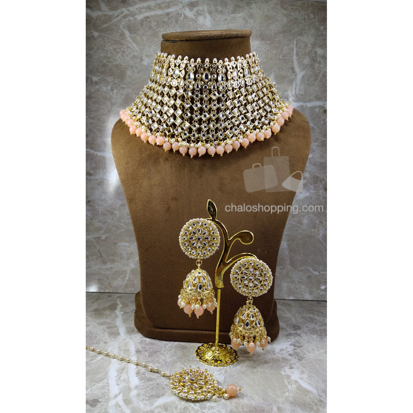 Kundan Inspired Choker Set with Earrings and Tika (Color : Peach)