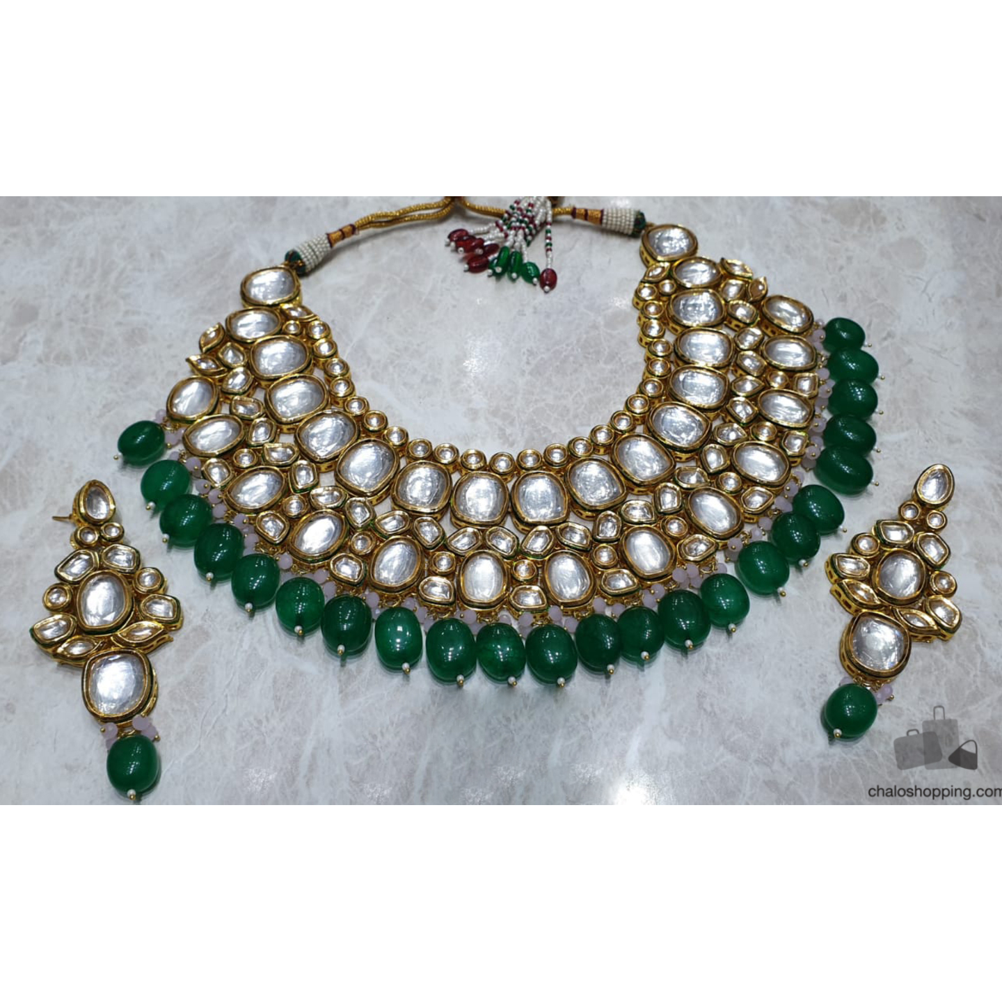Kundan Inspired High Quality Baby Pink and Green Onyx Necklace Set 