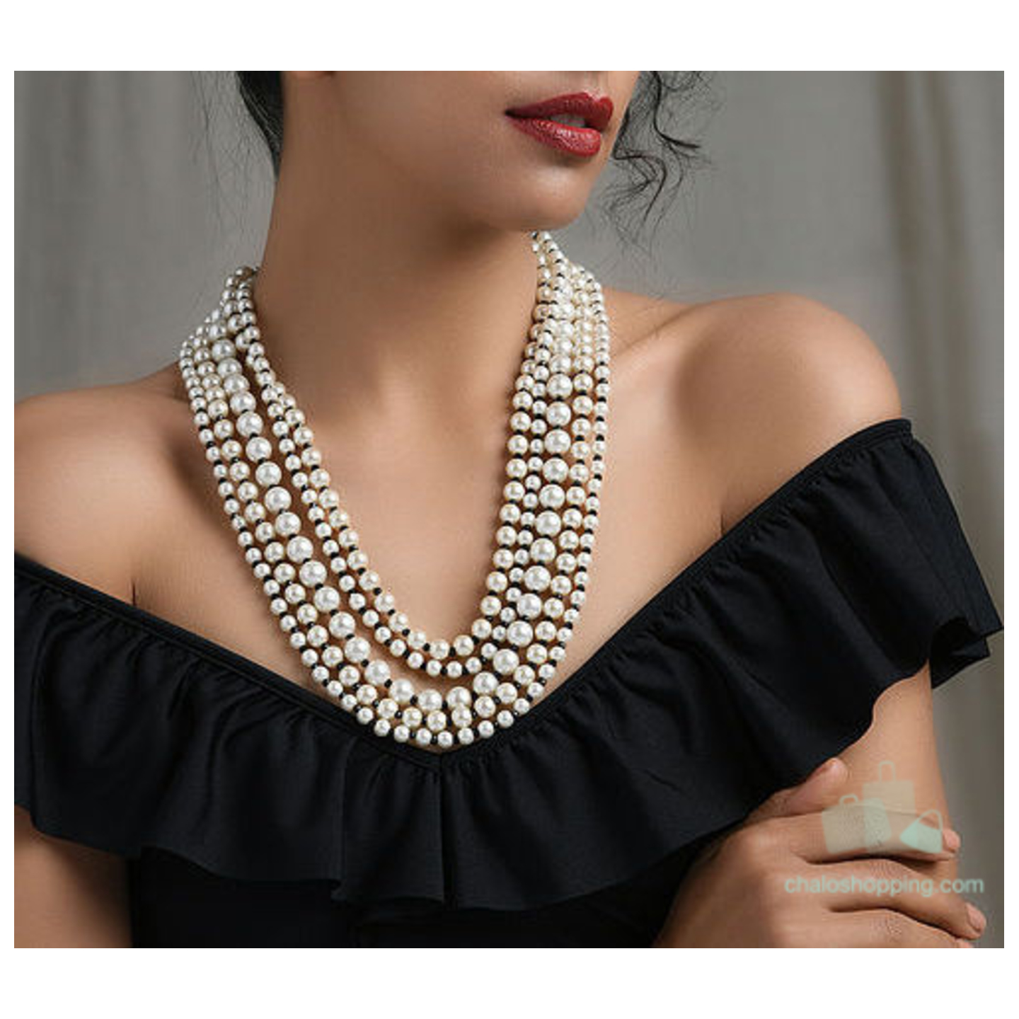 Multilayer Pearl with Black Onyx Necklace