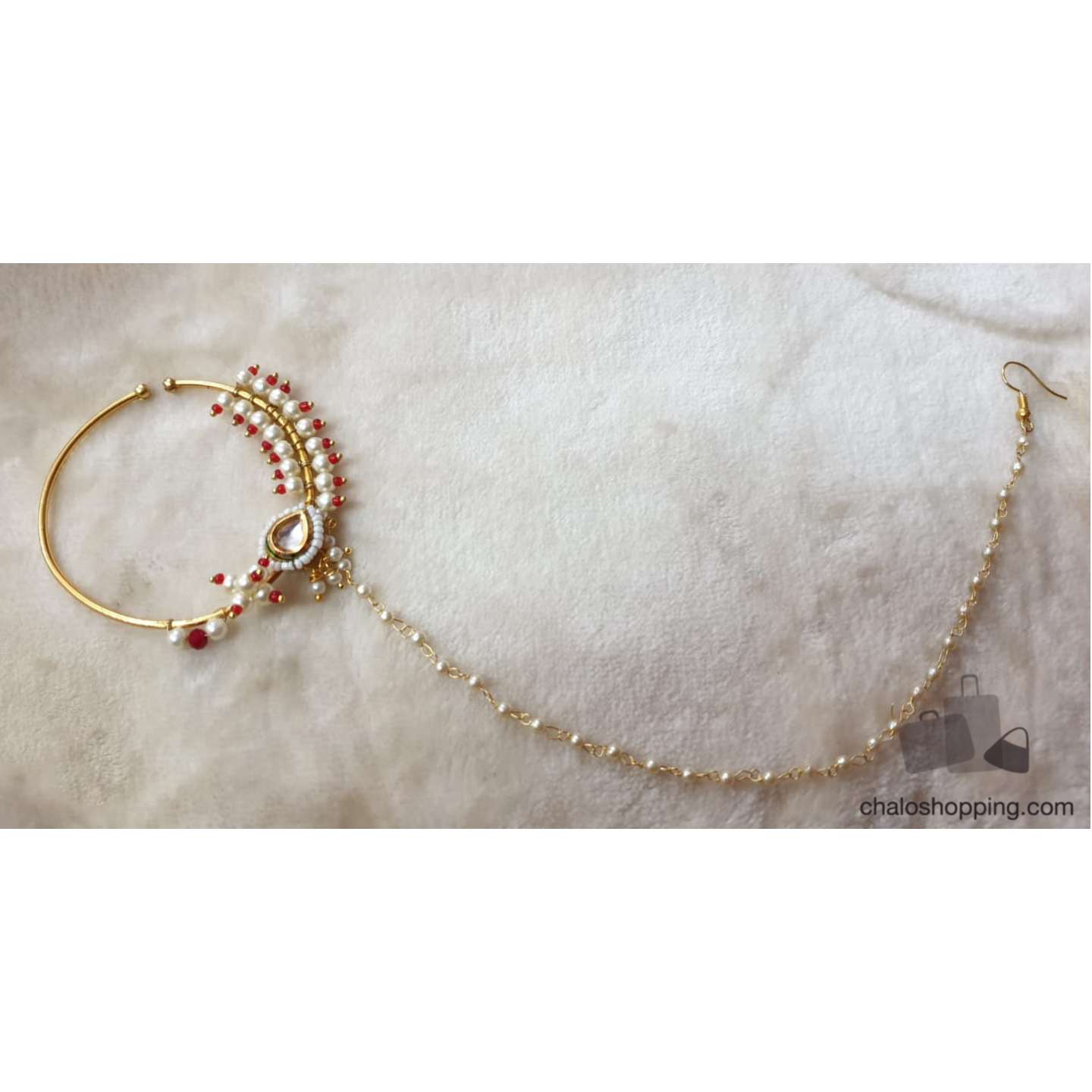 Red Sees Bead Kundan Nose Ring